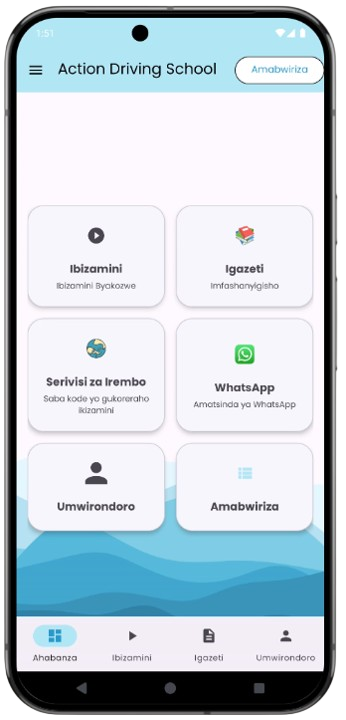Action Driving School app dashboard for Rwanda driving test preparation