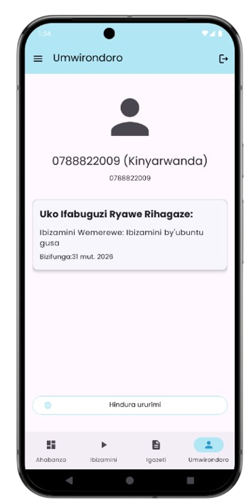 App settings with Kinyarwanda, English and French language options